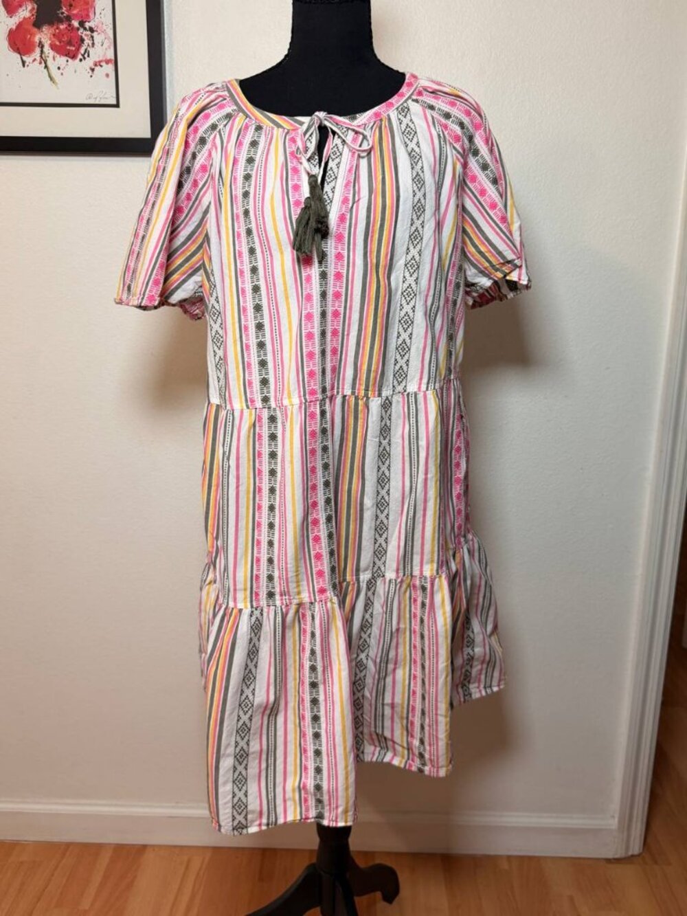 Style&Co Boho Stripe Tiered Dress L Pink Tassel Tie Neck Cotton Summer Casual